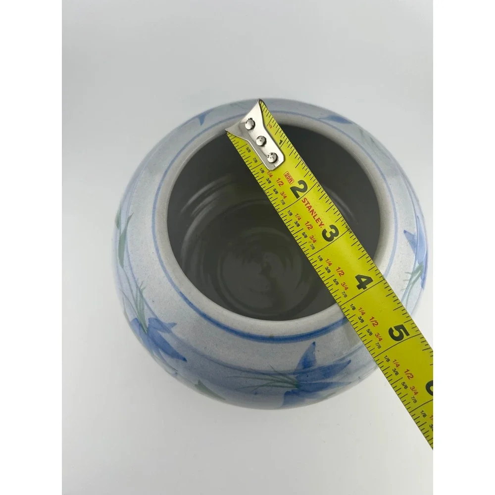 Vintage Signed KORN 94 Ceramic Vase Blue Floral Round‎ Pottery Art Decor